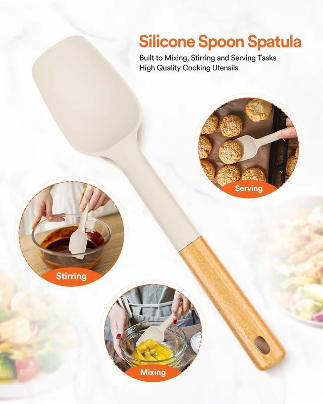 Alt view image 5 of 7 - Badiano Silicone Spoon Spatula, Nonstick Rubber Spatula, Khaki | Heat Resistant, Sturdy Bpa-Free Matte Silicone, Wooden Handle, Great for Scraping Bowls and Scooping Batter