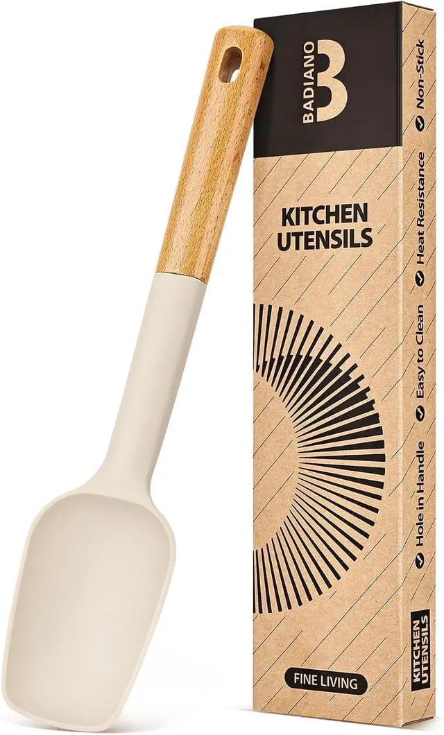 Main image of Badiano Silicone Spoon Spatula, Nonstick Rubber Spatula, Khaki | Heat Resistant, Sturdy Bpa-Free Matte Silicone, Wooden Handle, Great for Scraping Bowls and Scooping Batter