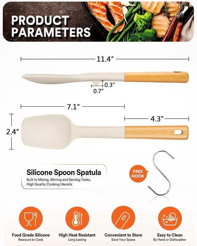 Alt view image 2 of 7 - Badiano Silicone Spoon Spatula, Nonstick Rubber Spatula, Khaki | Heat Resistant, Sturdy Bpa-Free Matte Silicone, Wooden Handle, Great for Scraping Bowls and Scooping Batter