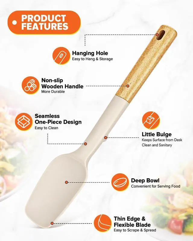 Alt view image 4 of 7 - Badiano Silicone Spoon Spatula, Nonstick Rubber Spatula, Khaki | Heat Resistant, Sturdy Bpa-Free Matte Silicone, Wooden Handle, Great for Scraping Bowls and Scooping Batter