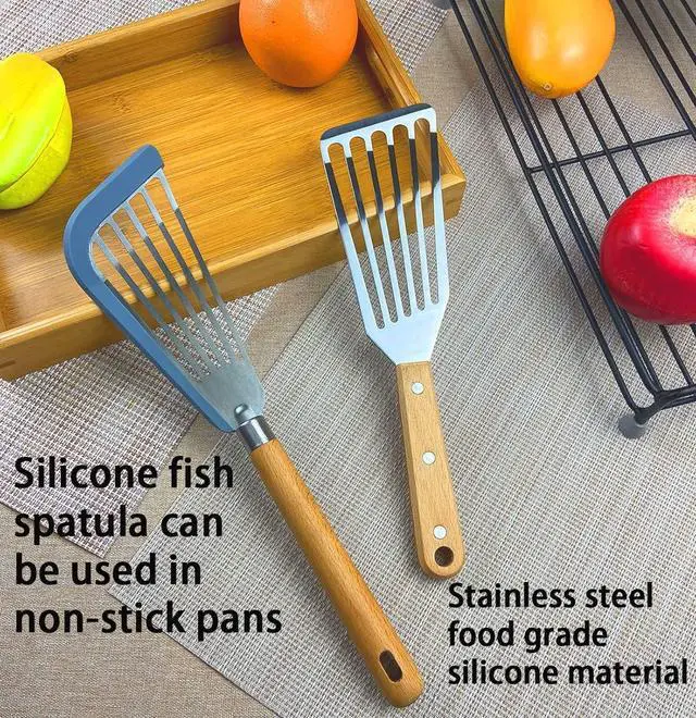 Alt view image 2 of 7 - KLAQQED Fish Spatula Set for Nonstick Cookware Flexible Metal Fish Spatula Stainless Steel Small Fish Slotted Spatula Turner with Wood Handle