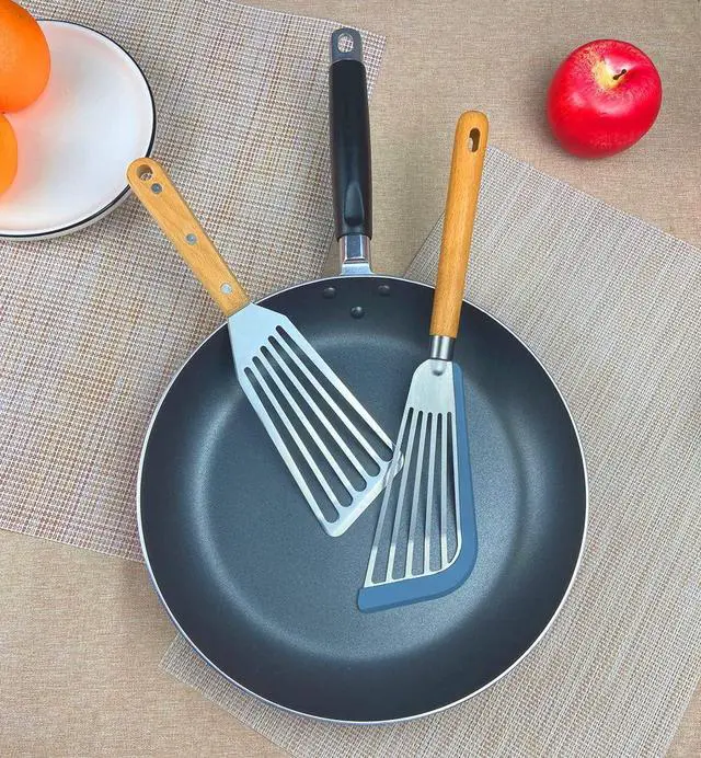 Alt view image 6 of 7 - KLAQQED Fish Spatula Set for Nonstick Cookware Flexible Metal Fish Spatula Stainless Steel Small Fish Slotted Spatula Turner with Wood Handle