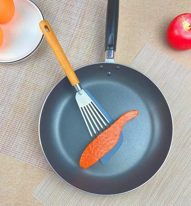 Alt view image 7 of 7 - KLAQQED Fish Spatula Set for Nonstick Cookware Flexible Metal Fish Spatula Stainless Steel Small Fish Slotted Spatula Turner with Wood Handle