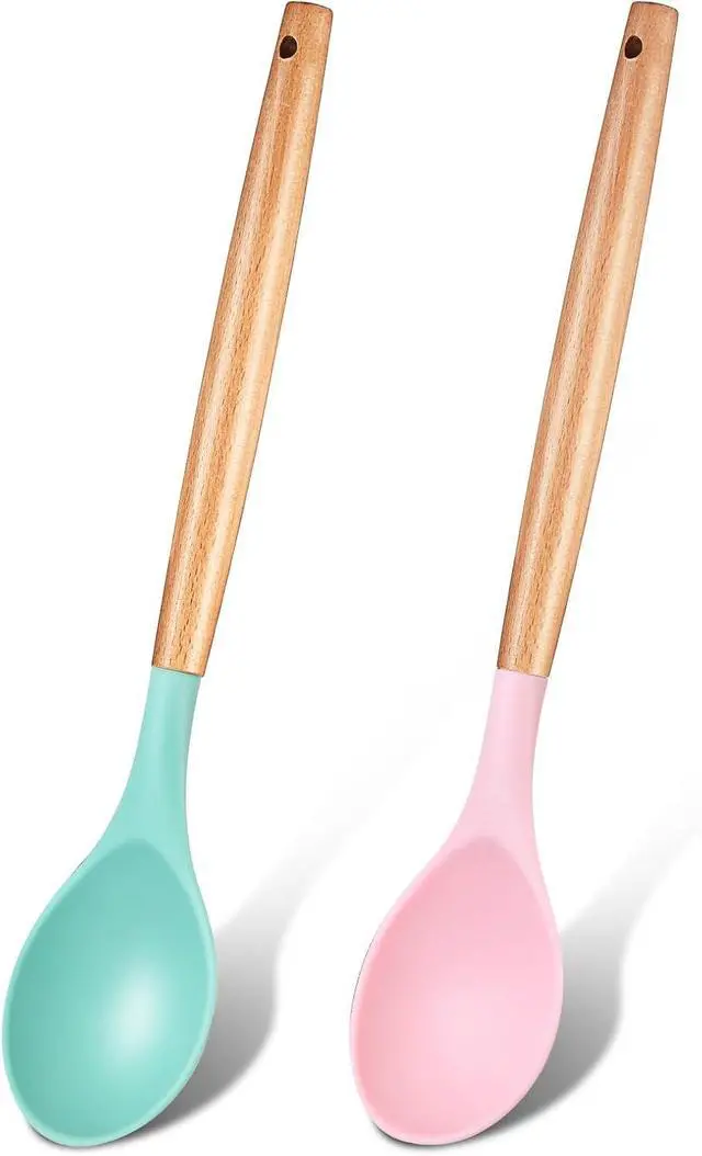 Main image of Patelai 2 Pieces Silicone Nonstick Mixing Spoon Kitchen Cooking Spoons Serving Spoon with Wooden Handle Heat Resistant Utensil Spoons for Mixing, Baking, Serving and Stirring (Green, Pink)