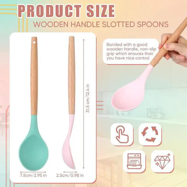 Alt view image 2 of 7 - Patelai 2 Pieces Silicone Nonstick Mixing Spoon Kitchen Cooking Spoons Serving Spoon with Wooden Handle Heat Resistant Utensil Spoons for Mixing, Baking, Serving and Stirring (Green, Pink)