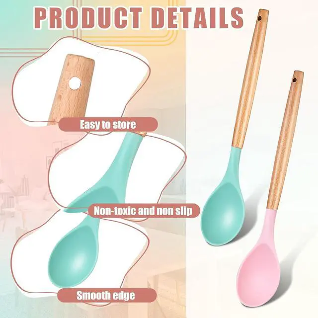 Alt view image 3 of 7 - Patelai 2 Pieces Silicone Nonstick Mixing Spoon Kitchen Cooking Spoons Serving Spoon with Wooden Handle Heat Resistant Utensil Spoons for Mixing, Baking, Serving and Stirring (Green, Pink)