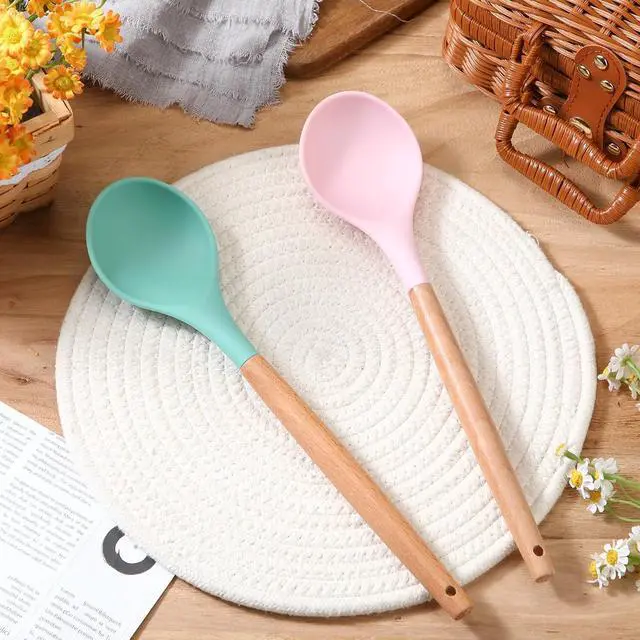 Alt view image 4 of 7 - Patelai 2 Pieces Silicone Nonstick Mixing Spoon Kitchen Cooking Spoons Serving Spoon with Wooden Handle Heat Resistant Utensil Spoons for Mixing, Baking, Serving and Stirring (Green, Pink)