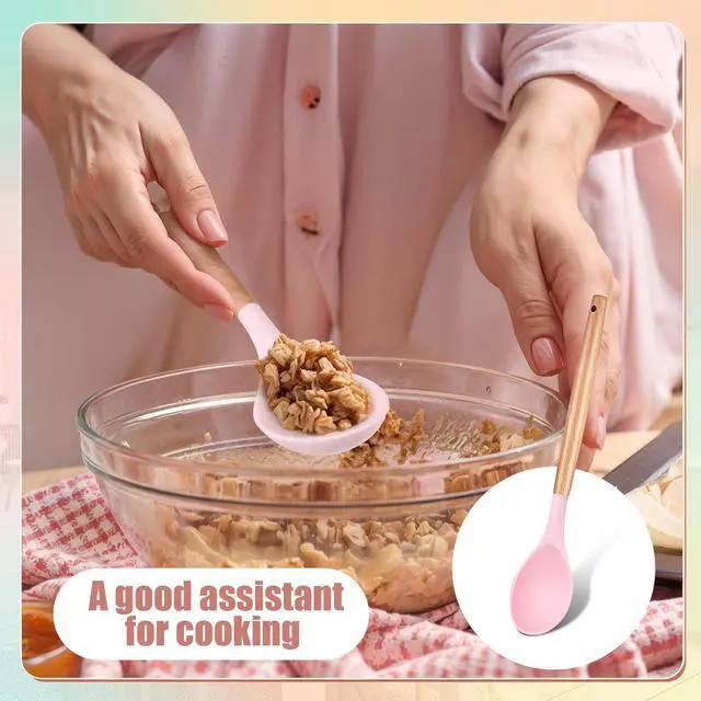Alt view image 5 of 7 - Patelai 2 Pieces Silicone Nonstick Mixing Spoon Kitchen Cooking Spoons Serving Spoon with Wooden Handle Heat Resistant Utensil Spoons for Mixing, Baking, Serving and Stirring (Green, Pink)