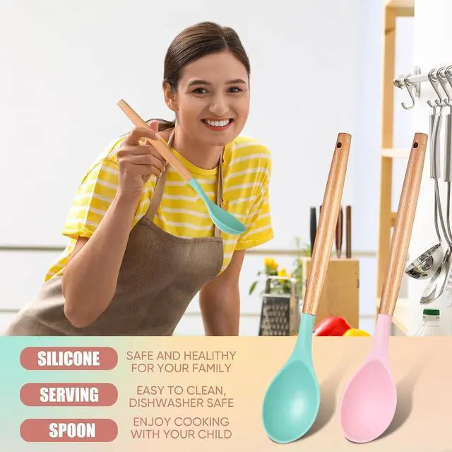 Alt view image 6 of 7 - Patelai 2 Pieces Silicone Nonstick Mixing Spoon Kitchen Cooking Spoons Serving Spoon with Wooden Handle Heat Resistant Utensil Spoons for Mixing, Baking, Serving and Stirring (Green, Pink)