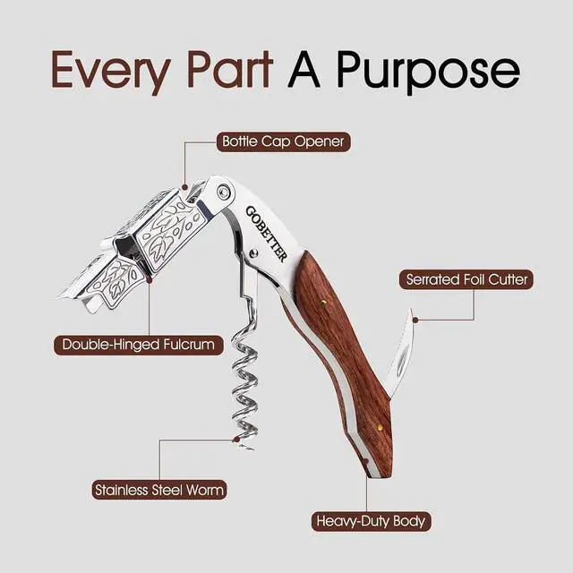 Alt view image 2 of 7 - Wine Opener, Waiter Corkscrew Wine Key for Servers, Classic Rosewood | Stainless Steel, Wine Bottle Opener with Foil Cutter & Cap Remover for Home Use, Servers, Waiters Bartenders and Wine Lovers