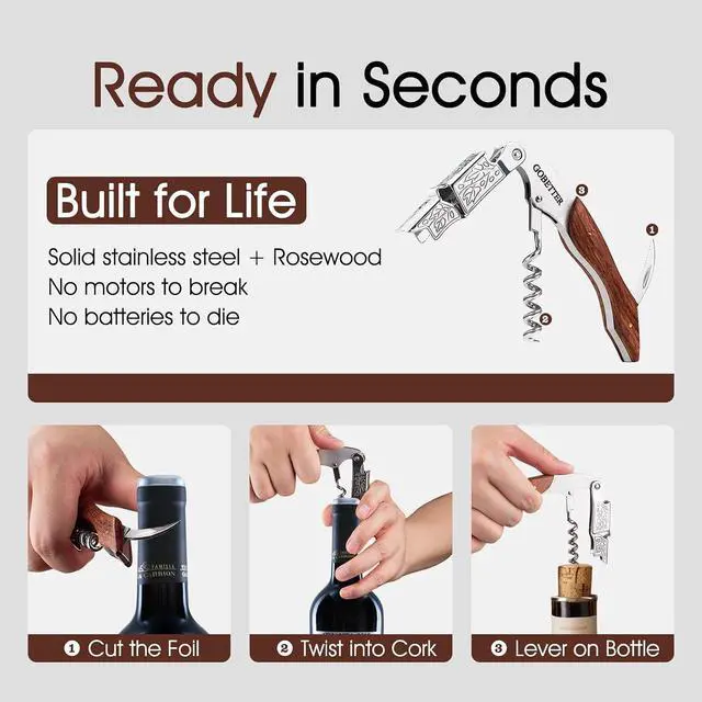Alt view image 3 of 7 - Wine Opener, Waiter Corkscrew Wine Key for Servers, Classic Rosewood | Stainless Steel, Wine Bottle Opener with Foil Cutter & Cap Remover for Home Use, Servers, Waiters Bartenders and Wine Lovers