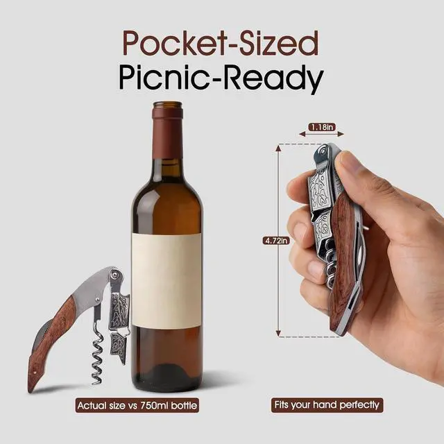Alt view image 4 of 7 - Wine Opener, Waiter Corkscrew Wine Key for Servers, Classic Rosewood | Stainless Steel, Wine Bottle Opener with Foil Cutter & Cap Remover for Home Use, Servers, Waiters Bartenders and Wine Lovers