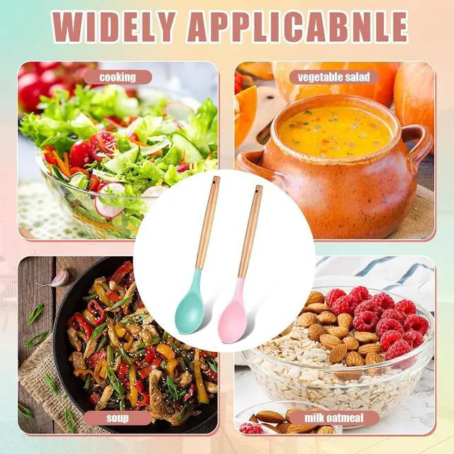 Alt view image 7 of 7 - Patelai 2 Pieces Silicone Nonstick Mixing Spoon Kitchen Cooking Spoons Serving Spoon with Wooden Handle Heat Resistant Utensil Spoons for Mixing, Baking, Serving and Stirring (Green, Pink)
