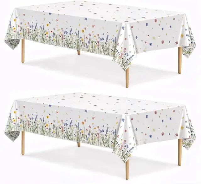Main image of Spring Floral Party Tablecloth, 2 Pack Wildflower 54 x 108 Inch Tablecloth for Party Decorations, Butterfly Rectangular Table Cover, Disposable Plastic Table Cloth for Birthday and Celebration Event