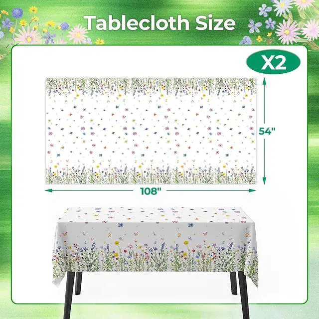 Alt view image 2 of 6 - Spring Floral Party Tablecloth, 2 Pack Wildflower 54 x 108 Inch Tablecloth for Party Decorations, Butterfly Rectangular Table Cover, Disposable Plastic Table Cloth for Birthday and Celebration Event