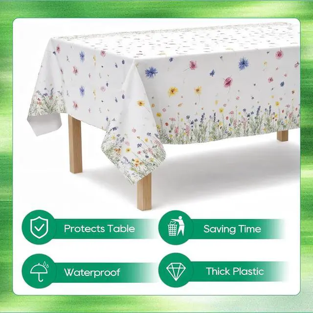 Alt view image 3 of 6 - Spring Floral Party Tablecloth, 2 Pack Wildflower 54 x 108 Inch Tablecloth for Party Decorations, Butterfly Rectangular Table Cover, Disposable Plastic Table Cloth for Birthday and Celebration Event