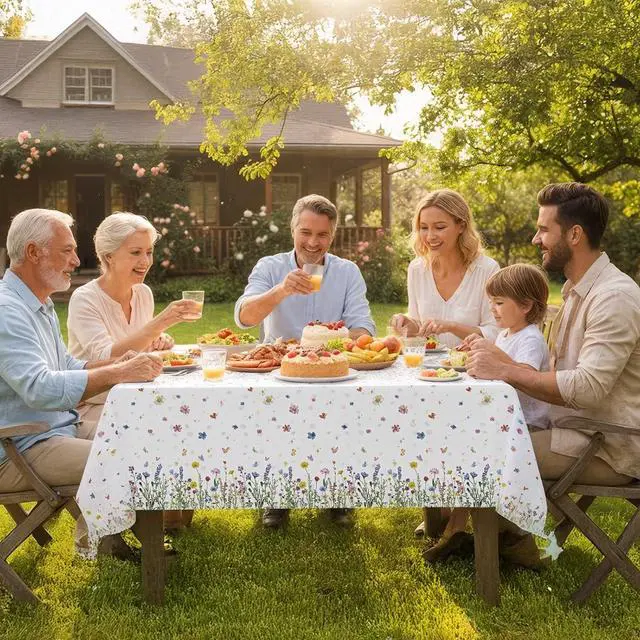 Alt view image 5 of 6 - Spring Floral Party Tablecloth, 2 Pack Wildflower 54 x 108 Inch Tablecloth for Party Decorations, Butterfly Rectangular Table Cover, Disposable Plastic Table Cloth for Birthday and Celebration Event