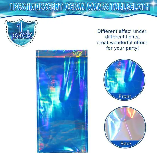Alt view image 4 of 7 - Hallswl 1Pcs 54 x 108 Inch Iridescent Ocean Waves Plastic Tablecloths | Disposable Blue Table Cloth Rectangle Table Covers for Under the Sea Beach Pool Party Birthday Party Decorations