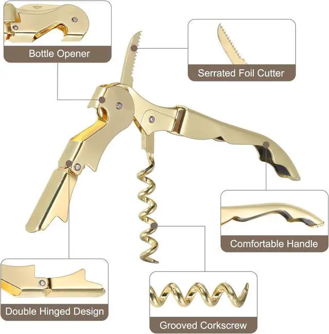 Alt view image 3 of 6 - uxcell 2Pcs 5" Wine Openers Waiter Corkscrew Professional Red Wine Bottle Opener Double Hinged with Foil Cutter for Servers Bartender, Gold