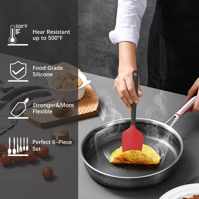 Alt view image 5 of 5 - Silicone Spatula Set, 6 Pieces Food Grade Kitchen Utensils with Silicone Brush Heat Resistant Dishwasher Safe BPA-free Rubber Spatula for Scraping, Baking, Cooking, Mixing (Red)