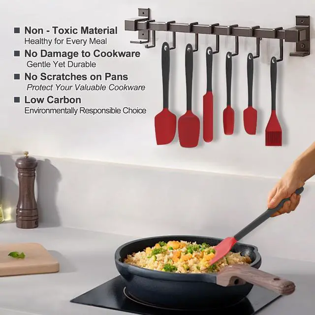Alt view image 4 of 5 - Silicone Spatula Set, 6 Pieces Food Grade Kitchen Utensils with Silicone Brush Heat Resistant Dishwasher Safe BPA-free Rubber Spatula for Scraping, Baking, Cooking, Mixing (Red)