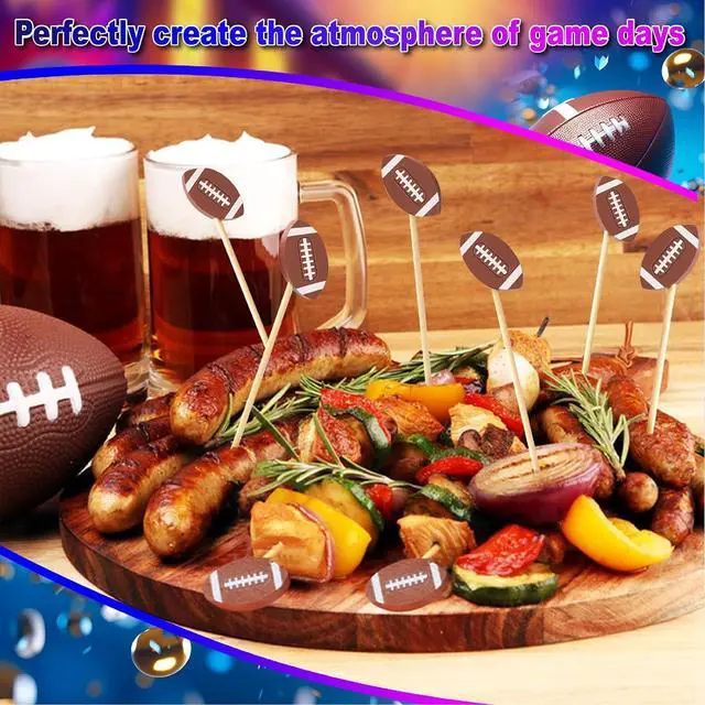 Alt view image 2 of 7 - 100 Football Cocktail Picks, Decorative Fancy Toothpicks for Appetizers Drinks Fruit Food, 4.7 IN Long Bamboo Skewers Charcuterie Sticks for Rugby Ball Super Bowl Party Supplies Football Themed Decor