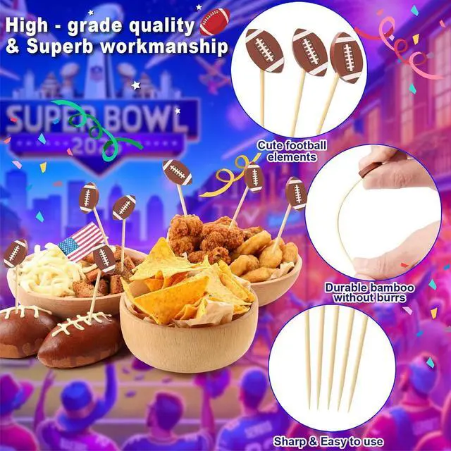 Alt view image 4 of 7 - 100 Football Cocktail Picks, Decorative Fancy Toothpicks for Appetizers Drinks Fruit Food, 4.7 IN Long Bamboo Skewers Charcuterie Sticks for Rugby Ball Super Bowl Party Supplies Football Themed Decor