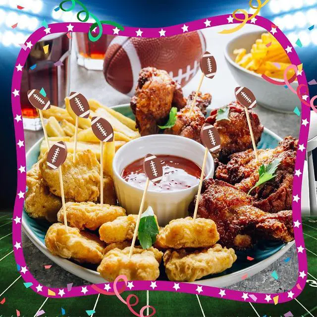 Alt view image 5 of 7 - 100 Football Cocktail Picks, Decorative Fancy Toothpicks for Appetizers Drinks Fruit Food, 4.7 IN Long Bamboo Skewers Charcuterie Sticks for Rugby Ball Super Bowl Party Supplies Football Themed Decor