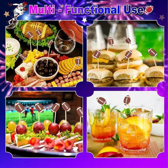 Alt view image 6 of 7 - 100 Football Cocktail Picks, Decorative Fancy Toothpicks for Appetizers Drinks Fruit Food, 4.7 IN Long Bamboo Skewers Charcuterie Sticks for Rugby Ball Super Bowl Party Supplies Football Themed Decor