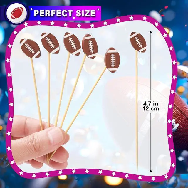 Alt view image 7 of 7 - 100 Football Cocktail Picks, Decorative Fancy Toothpicks for Appetizers Drinks Fruit Food, 4.7 IN Long Bamboo Skewers Charcuterie Sticks for Rugby Ball Super Bowl Party Supplies Football Themed Decor