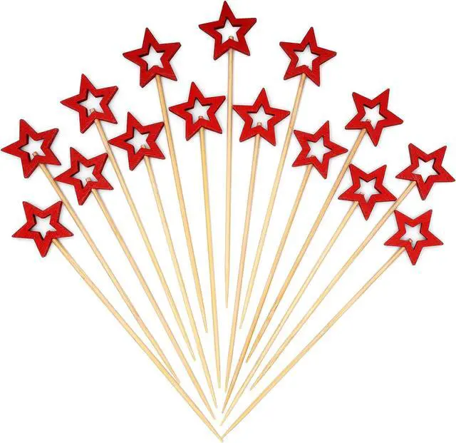 Main image of Minisland Big Red Star Cocktail Picks, 5.5 Inch Long Bamboo Fancy Toothpicks for Appetizers, Decorative Christmas New Year Holiday Party Food Drinks Garnish Fruit Skewer Sticks 50 Counts - MSL432