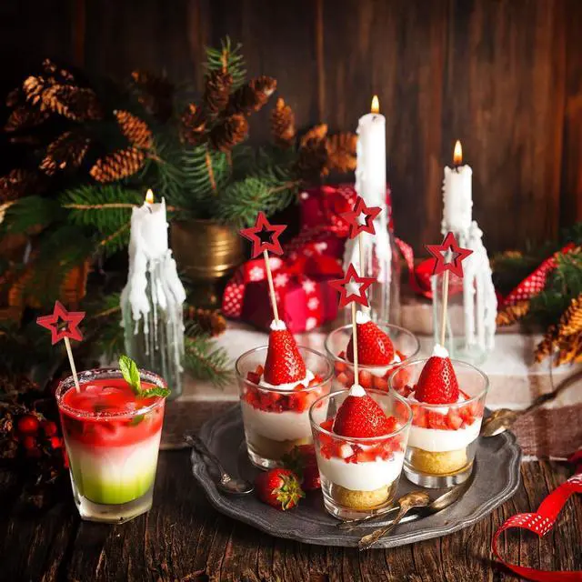 Alt view image 2 of 7 - Minisland Big Red Star Cocktail Picks, 5.5 Inch Long Bamboo Fancy Toothpicks for Appetizers, Decorative Christmas New Year Holiday Party Food Drinks Garnish Fruit Skewer Sticks 50 Counts - MSL432