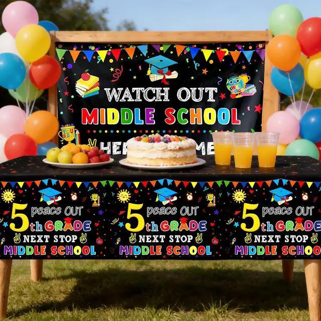 Alt view image 2 of 7 - Ulmisfee 3 Pack 5th Grade Graduate Tablecloths,Peace Out 5th Grade Next Stop Middle School,Class of 2026 Fifth Grade Graduate Table Cloths Party Ceremony Decorations Supplies,54 x 108