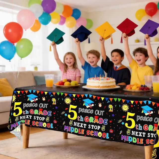 Alt view image 3 of 7 - Ulmisfee 3 Pack 5th Grade Graduate Tablecloths,Peace Out 5th Grade Next Stop Middle School,Class of 2026 Fifth Grade Graduate Table Cloths Party Ceremony Decorations Supplies,54 x 108