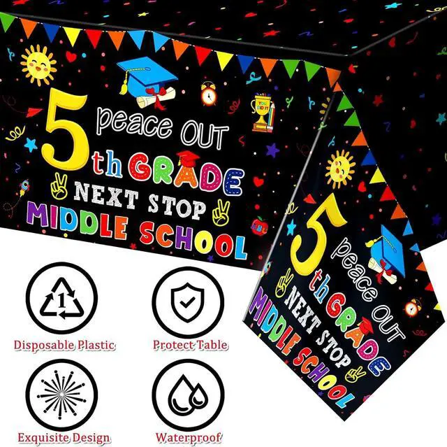 Alt view image 5 of 7 - Ulmisfee 3 Pack 5th Grade Graduate Tablecloths,Peace Out 5th Grade Next Stop Middle School,Class of 2026 Fifth Grade Graduate Table Cloths Party Ceremony Decorations Supplies,54 x 108