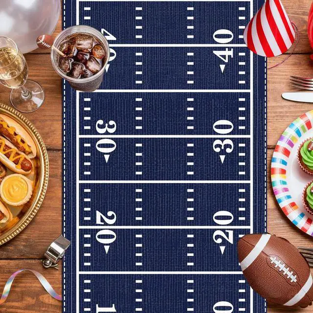 Alt view image 3 of 6 - Cowboy Football Table Runner - Happy Birthday Party Decorations | Blue Sports Game Day Decor for American Rugby Fans Boys Men Touch Down Supplies for Kitchen Home Dining Room 13x72 In