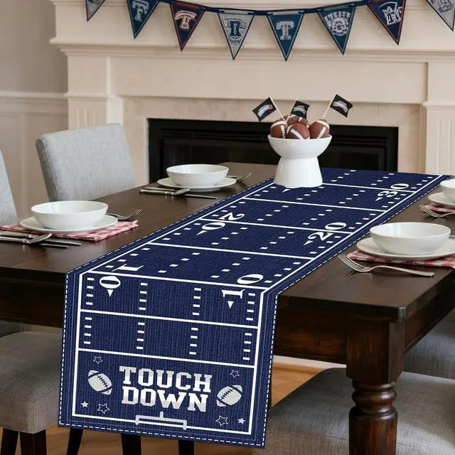 Alt view image 2 of 6 - Cowboy Football Table Runner - Happy Birthday Party Decorations | Blue Sports Game Day Decor for American Rugby Fans Boys Men Touch Down Supplies for Kitchen Home Dining Room 13x72 In