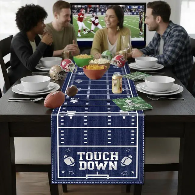 Alt view image 5 of 6 - Cowboy Football Table Runner - Happy Birthday Party Decorations | Blue Sports Game Day Decor for American Rugby Fans Boys Men Touch Down Supplies for Kitchen Home Dining Room 13x72 In