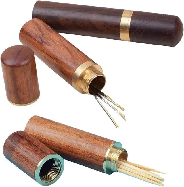 Alt view image 3 of 6 - 3 Pack Wood Toothpick Holder Portable Mini Pocket Tooth Pick Box Handmade Craft Toothpick Dispenser Bucket