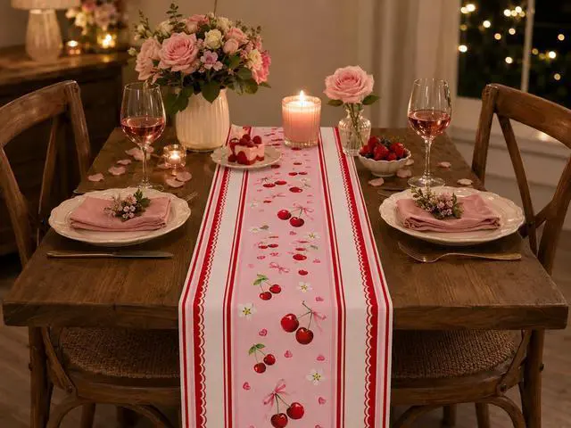 Alt view image 5 of 7 - Letjolt Cherry Table Runner 72 Inches | Birthday Party Decorations, Home Dining Decor, Wedding Table Decor