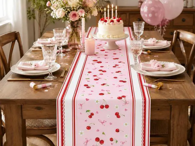 Alt view image 3 of 7 - Letjolt Cherry Table Runner 72 Inches | Birthday Party Decorations, Home Dining Decor, Wedding Table Decor