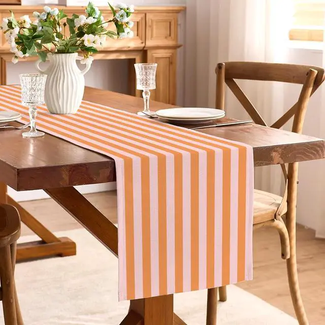 Alt view image 2 of 6 - Italian Summer Cabana Stripe Table Runner Pool Themed Birthday Party Decoration Dining Room Home Kitchen Table Decor (Orange, 13" x 72")
