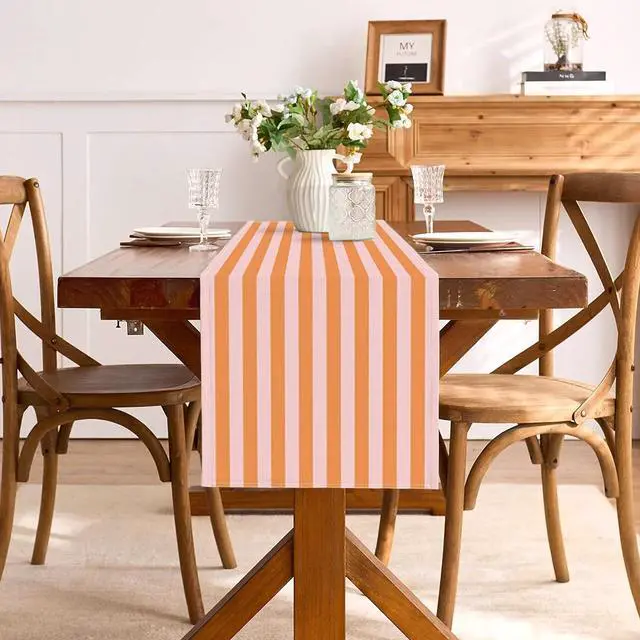 Alt view image 4 of 6 - Italian Summer Cabana Stripe Table Runner Pool Themed Birthday Party Decoration Dining Room Home Kitchen Table Decor (Orange, 13" x 72")