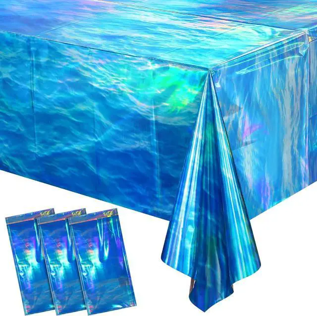 Main image of Hallswl 3Pcs 54 x 108 Inch Iridescent Ocean Waves Plastic Tablecloths | Disposable Blue Table Cloth Rectangle Table Covers for Under the Sea Beach Pool Party Birthday Party Decorations