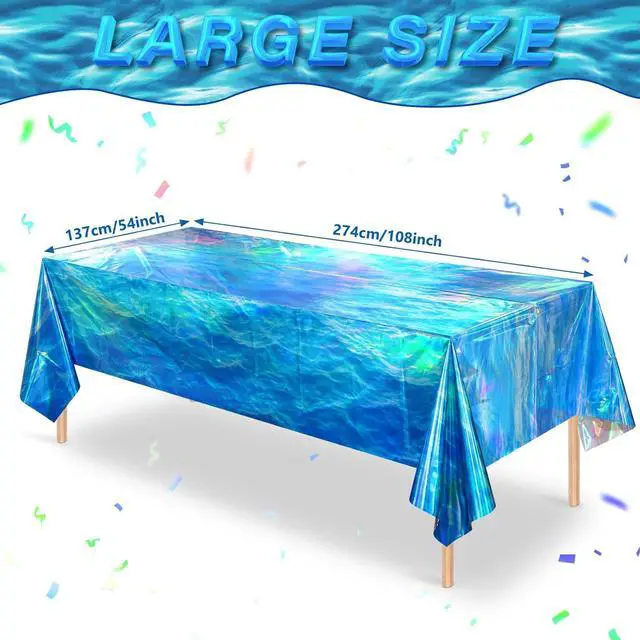 Alt view image 2 of 7 - Hallswl 3Pcs 54 x 108 Inch Iridescent Ocean Waves Plastic Tablecloths | Disposable Blue Table Cloth Rectangle Table Covers for Under the Sea Beach Pool Party Birthday Party Decorations