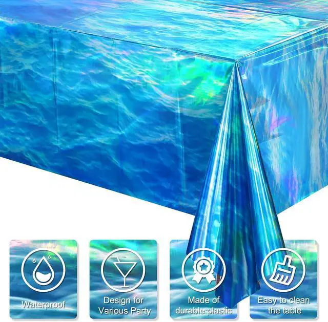 Alt view image 3 of 7 - Hallswl 3Pcs 54 x 108 Inch Iridescent Ocean Waves Plastic Tablecloths | Disposable Blue Table Cloth Rectangle Table Covers for Under the Sea Beach Pool Party Birthday Party Decorations