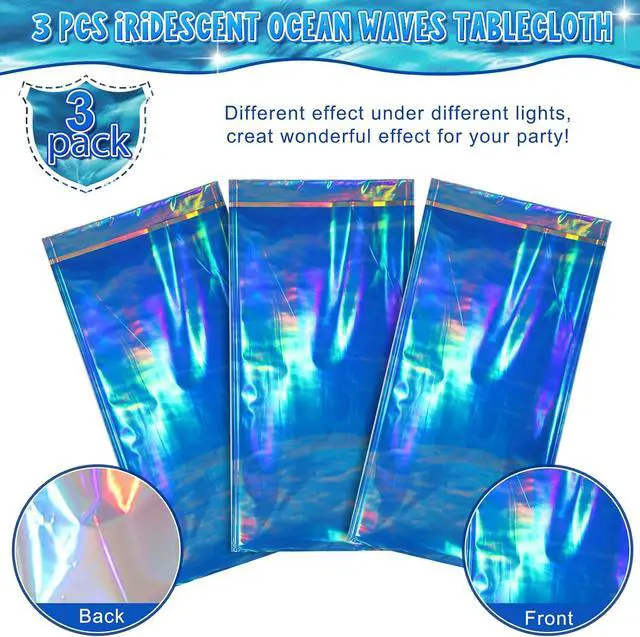 Alt view image 4 of 7 - Hallswl 3Pcs 54 x 108 Inch Iridescent Ocean Waves Plastic Tablecloths | Disposable Blue Table Cloth Rectangle Table Covers for Under the Sea Beach Pool Party Birthday Party Decorations