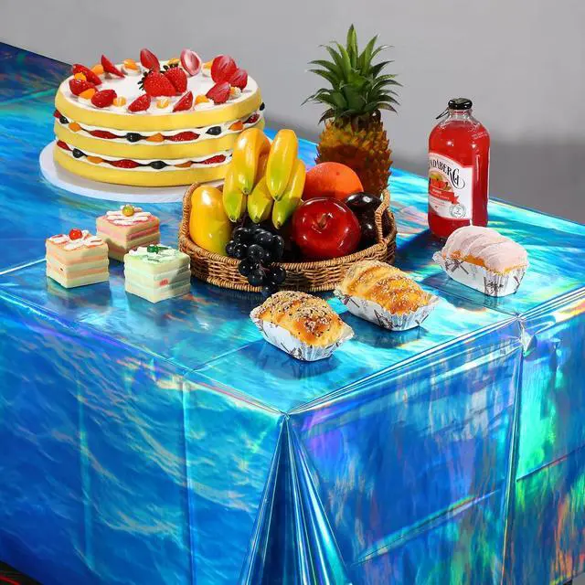 Alt view image 5 of 7 - Hallswl 3Pcs 54 x 108 Inch Iridescent Ocean Waves Plastic Tablecloths | Disposable Blue Table Cloth Rectangle Table Covers for Under the Sea Beach Pool Party Birthday Party Decorations