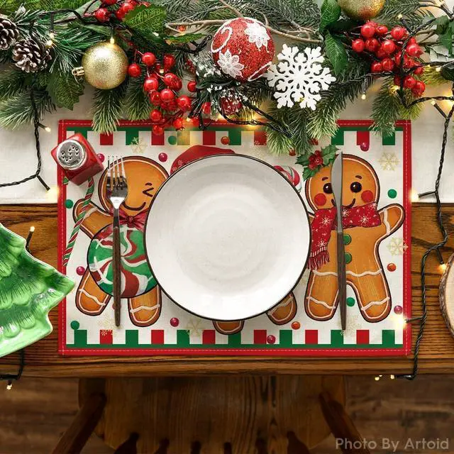Alt view image 2 of 6 - Artoid Mode Gingerbread Candy Cane Christmas Placemats Set of 4, 12x18 Inch Seasonal Table Mats for Party Kitchen Dining Decoration