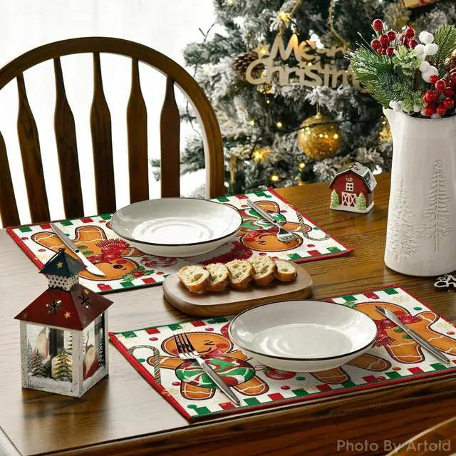 Alt view image 4 of 6 - Artoid Mode Gingerbread Candy Cane Christmas Placemats Set of 4, 12x18 Inch Seasonal Table Mats for Party Kitchen Dining Decoration